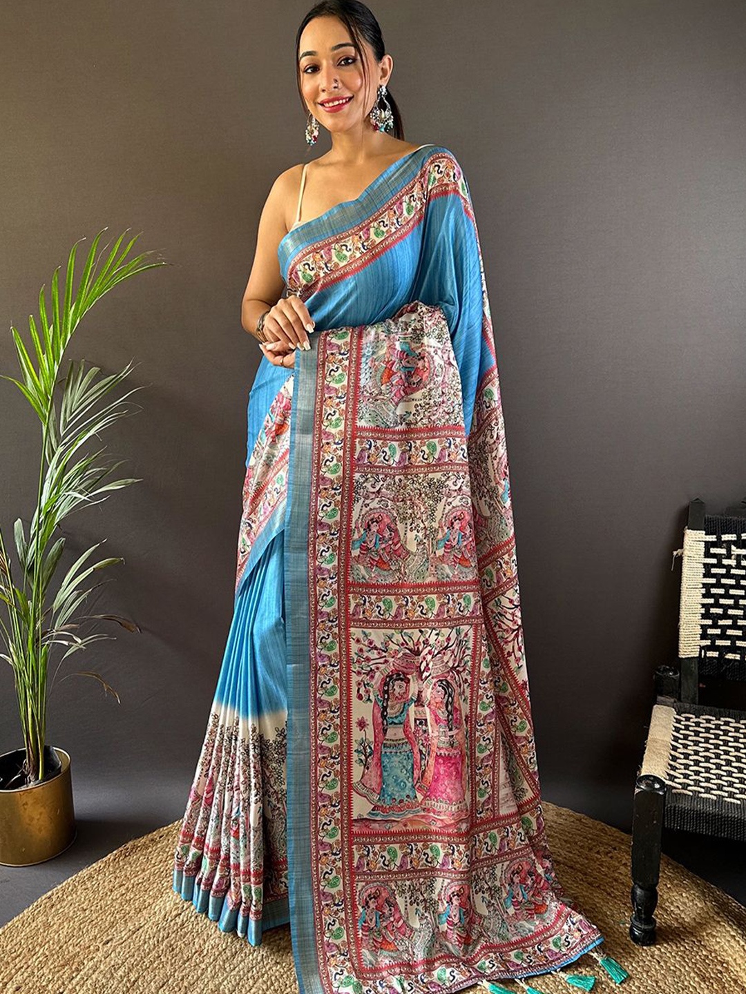 

LeeliPeeri Designer Kalamkari Silk Blend Designer Tussar Saree, Blue