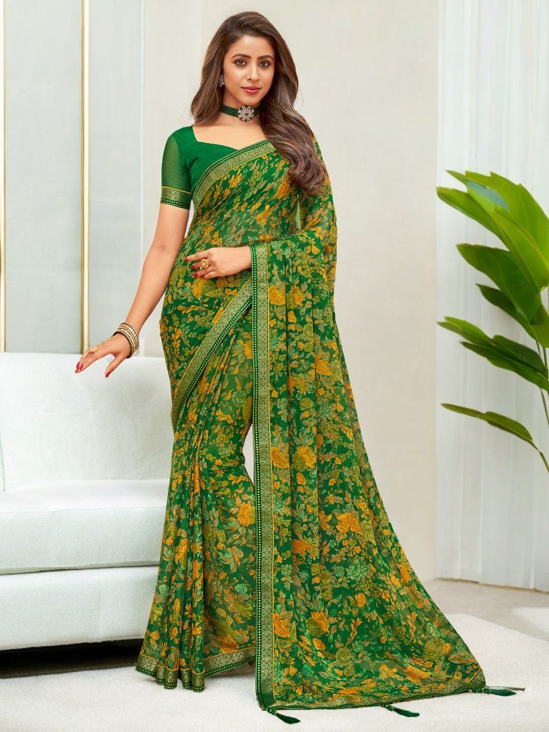 

KALINI Floral Pure Chiffon Saree, Green