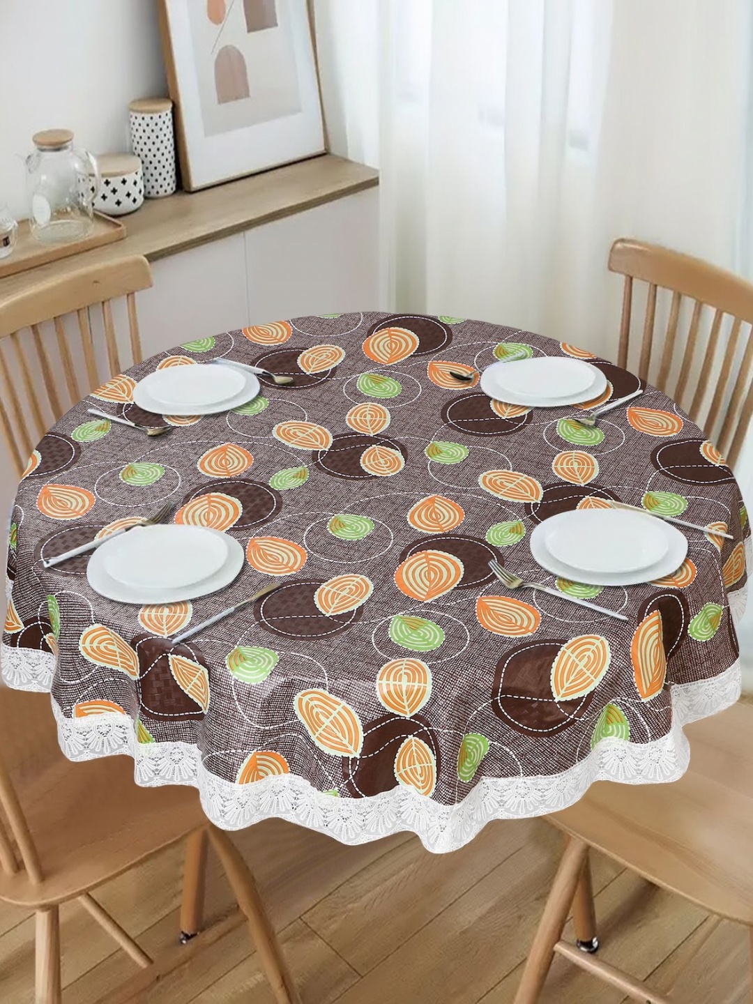 

Dakshya Industries Brown Geometric Printed Waterproof Plastic Round 6-Seater Table Cover