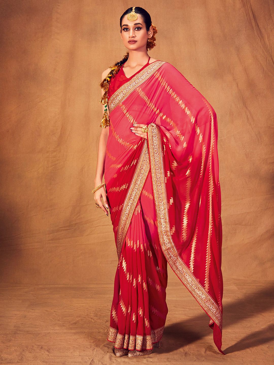 

Saree mall Striped Zari Poly Georgette Sarees, Pink
