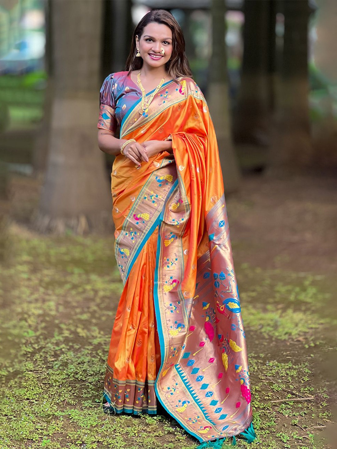 

LeeliPeeri Designer Ethnic Motifs Zari Silk Blend Paithani Saree, Orange