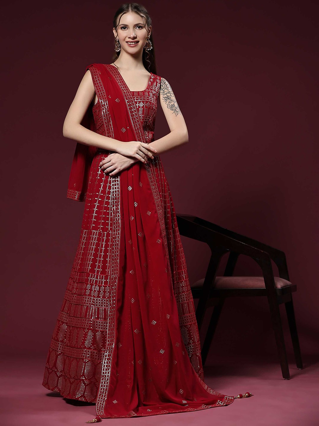 

VANAKARA Sequin Embroidered Maxi Gown With Dupatta, Maroon