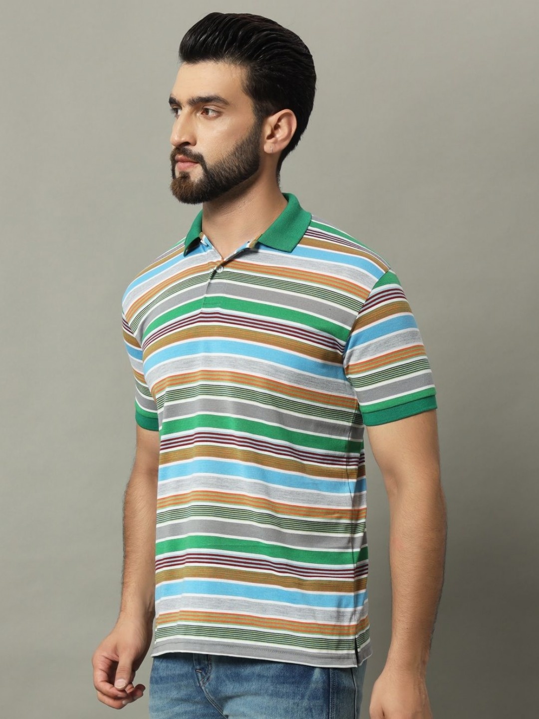 

GET GOLF Men Striped Polo Collar Cotton T-shirt, Blue