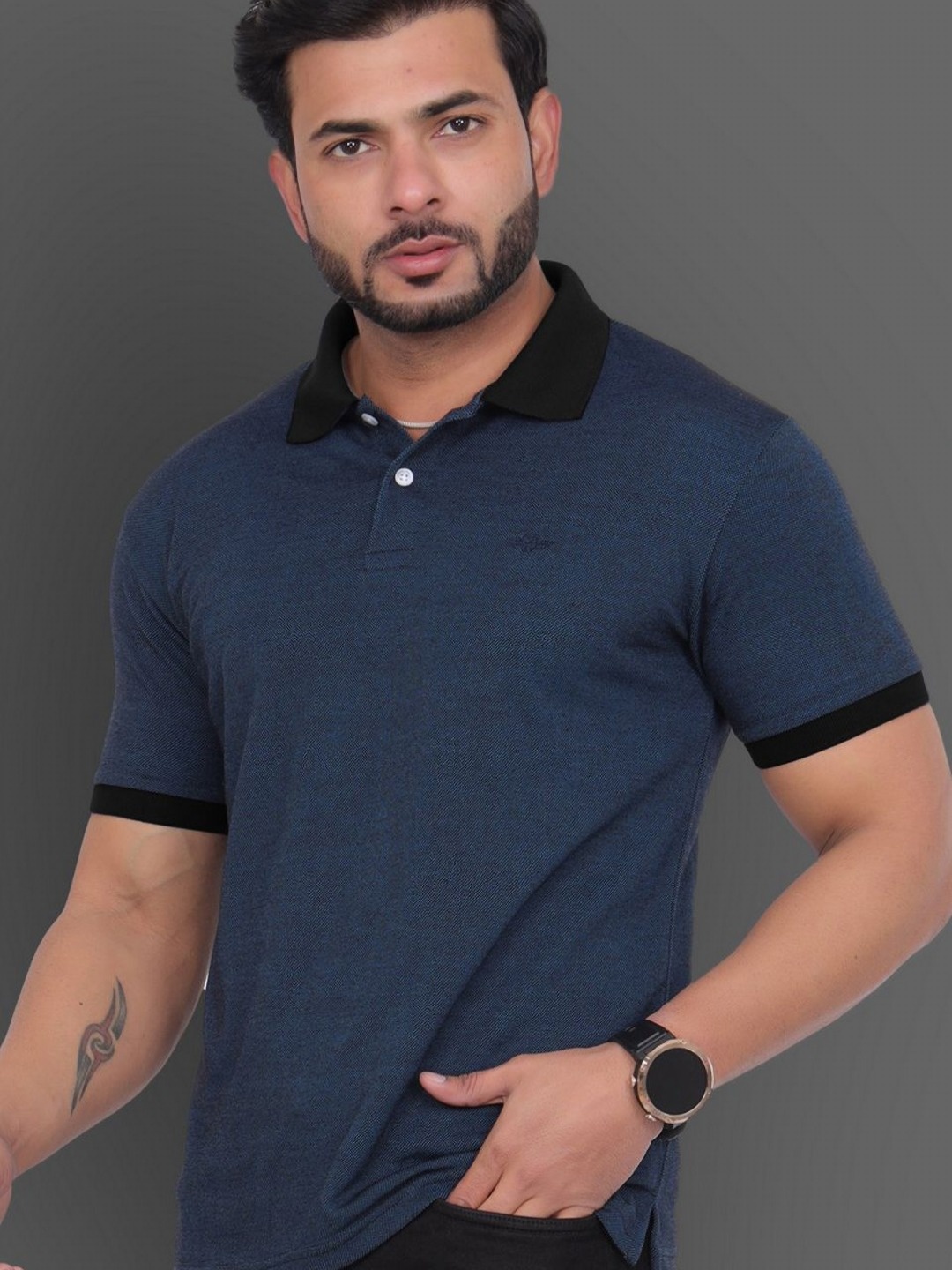 

GET GOLF Men Solid Polo Collar Cotton T-shirt, Navy blue