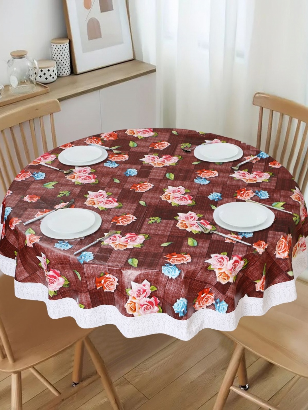 

Dakshya Industries Brown Geometric Printed Waterproof Plastic Round 6-Seater Table Cover