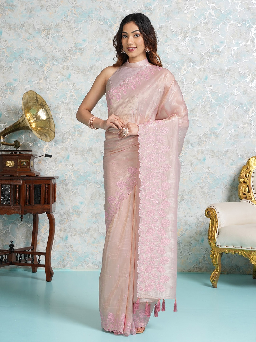 

MIMOSA Floral Embroidered Silk Blend Banarasi Saree, Pink