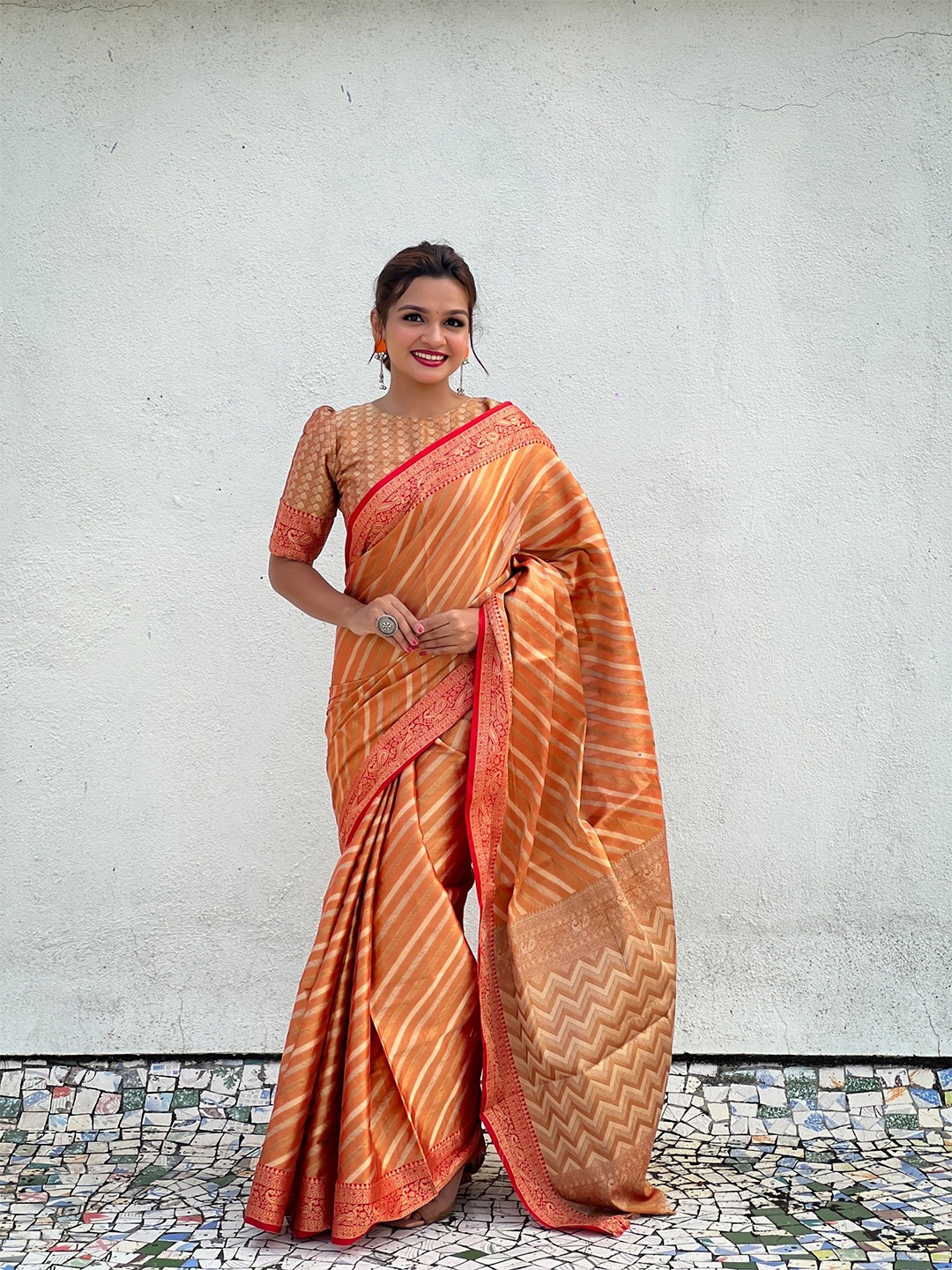 

LeeliPeeri Designer Striped Zari Silk Blend Leheriya Saree, Orange