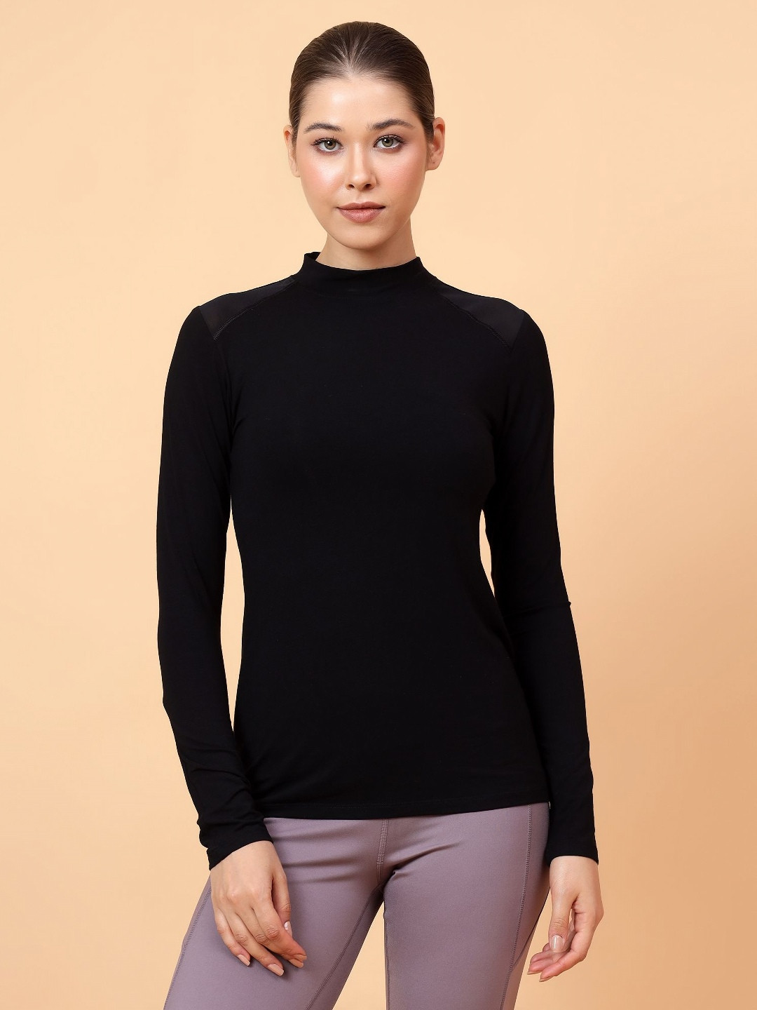 

Fitkin Women Shoulder Net Panel T-shirt, Black