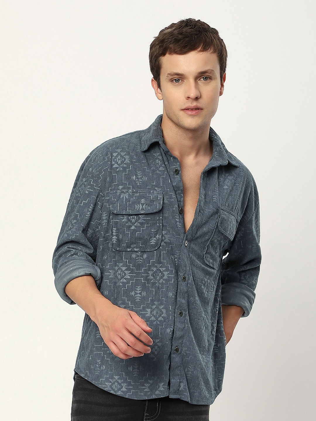 

Beyoung Abstract Structured Corduroy Shirt, Grey