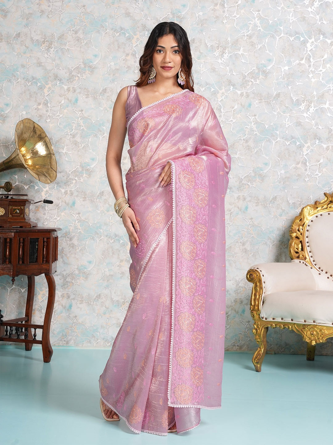 

MIMOSA Floral Silk Blend Designer Banarasi Saree With Blouse Piece, Pink