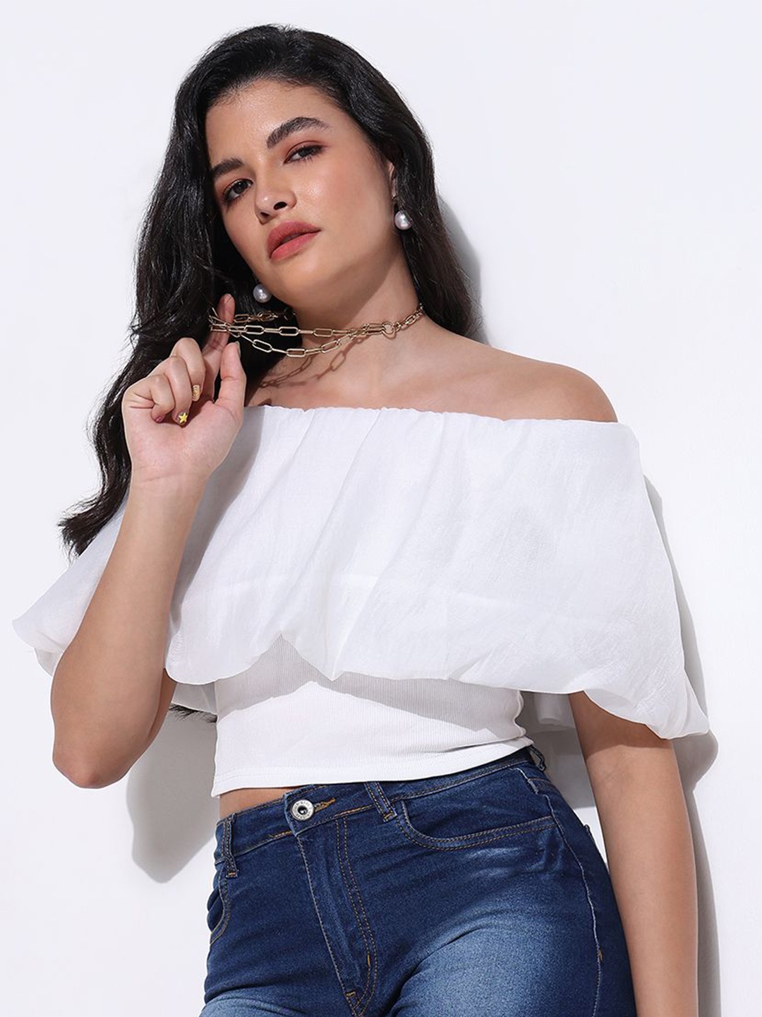 

SHOWOFF Women Off-Shoulder Puff Sleeve Blouson Top, White