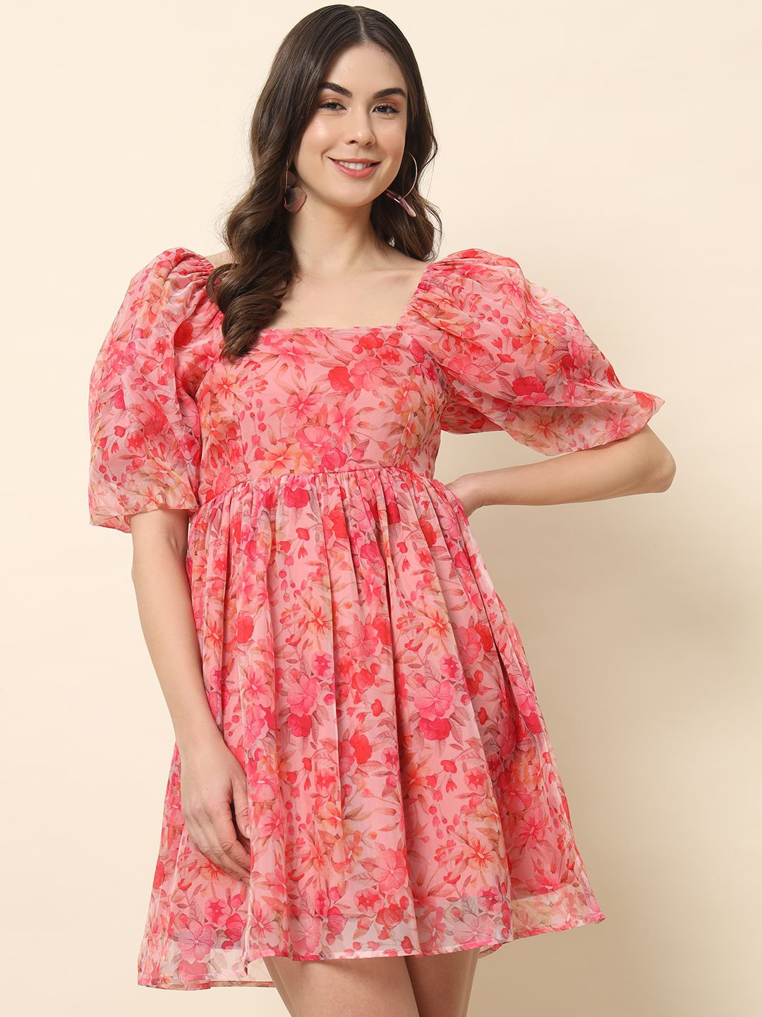 

BAESD Floral Print Puff Sleeve Fit & Flare Dress, Pink