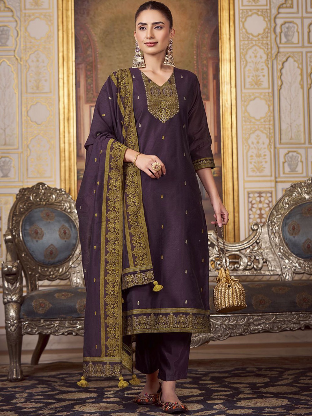 

KALINI Women Woven Straight Silk Blend Kurta with Trousers & With Dupatta, Purple