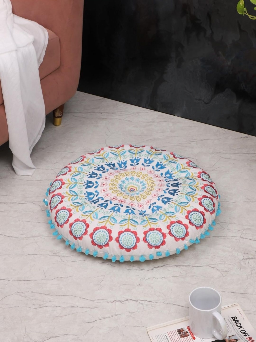 

Decoghar Blue Floral Embroidered Single Piece Round Cotton Floor Cushion