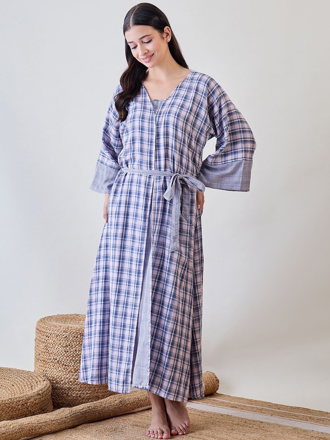 

The Kaftan Company Checked Maxi Nightdress, Blue