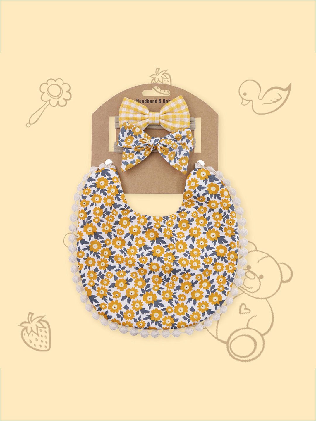 

Polka Tots Infant Girls Printed Cotton Bow, Headband With Bib, Yellow