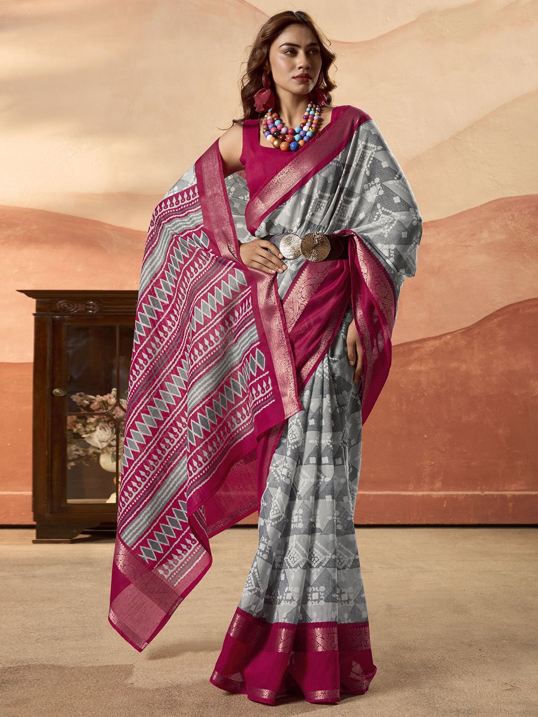 

Mitera Ethnic Motifs Pure Cotton Saree, Grey