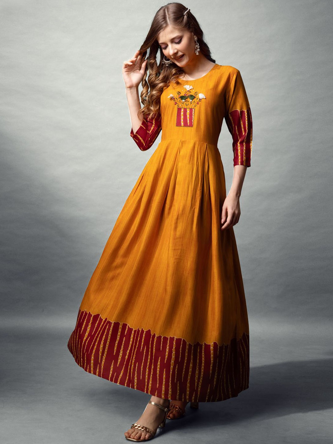 

Rujave Embroidered Fit & Flared Ethnic Dress, Mustard