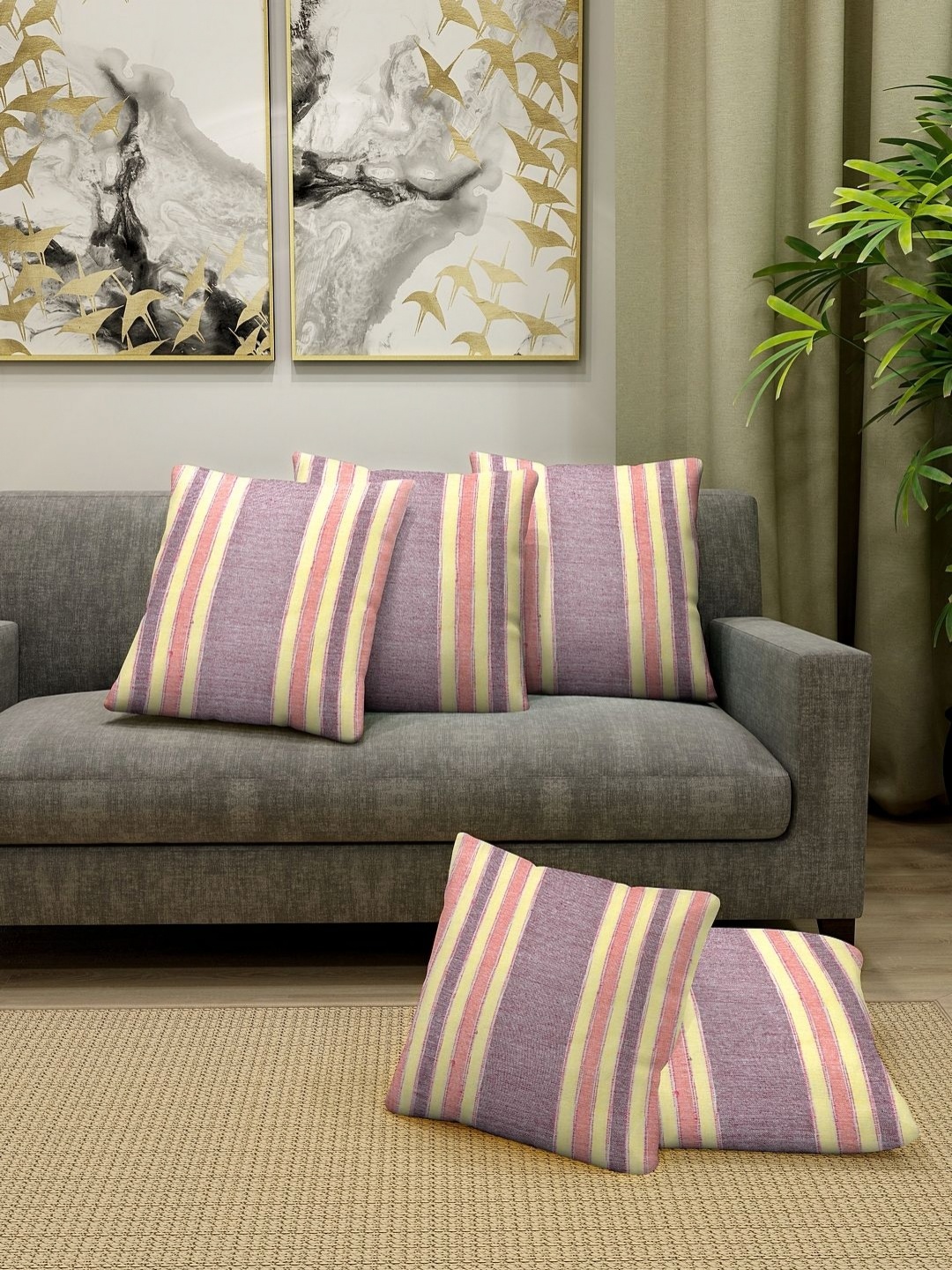 

Aura Purple & Yellow 5 Pieces Striped Square Cotton Cushion Covers