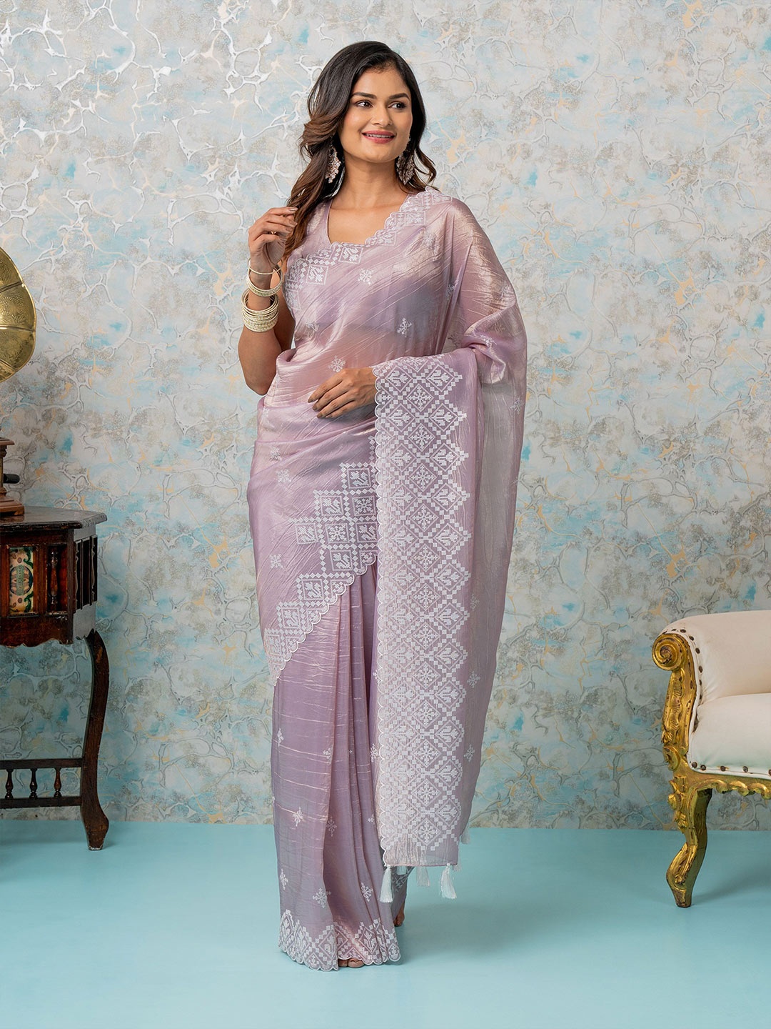 

MIMOSA Floral Embroidered Silk Blend Banarasi Saree, Lavender