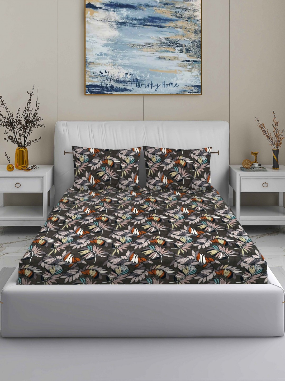 

Quirky Home Black & White Floral 180 TC Queen Bedsheet with 2 Pillow Covers