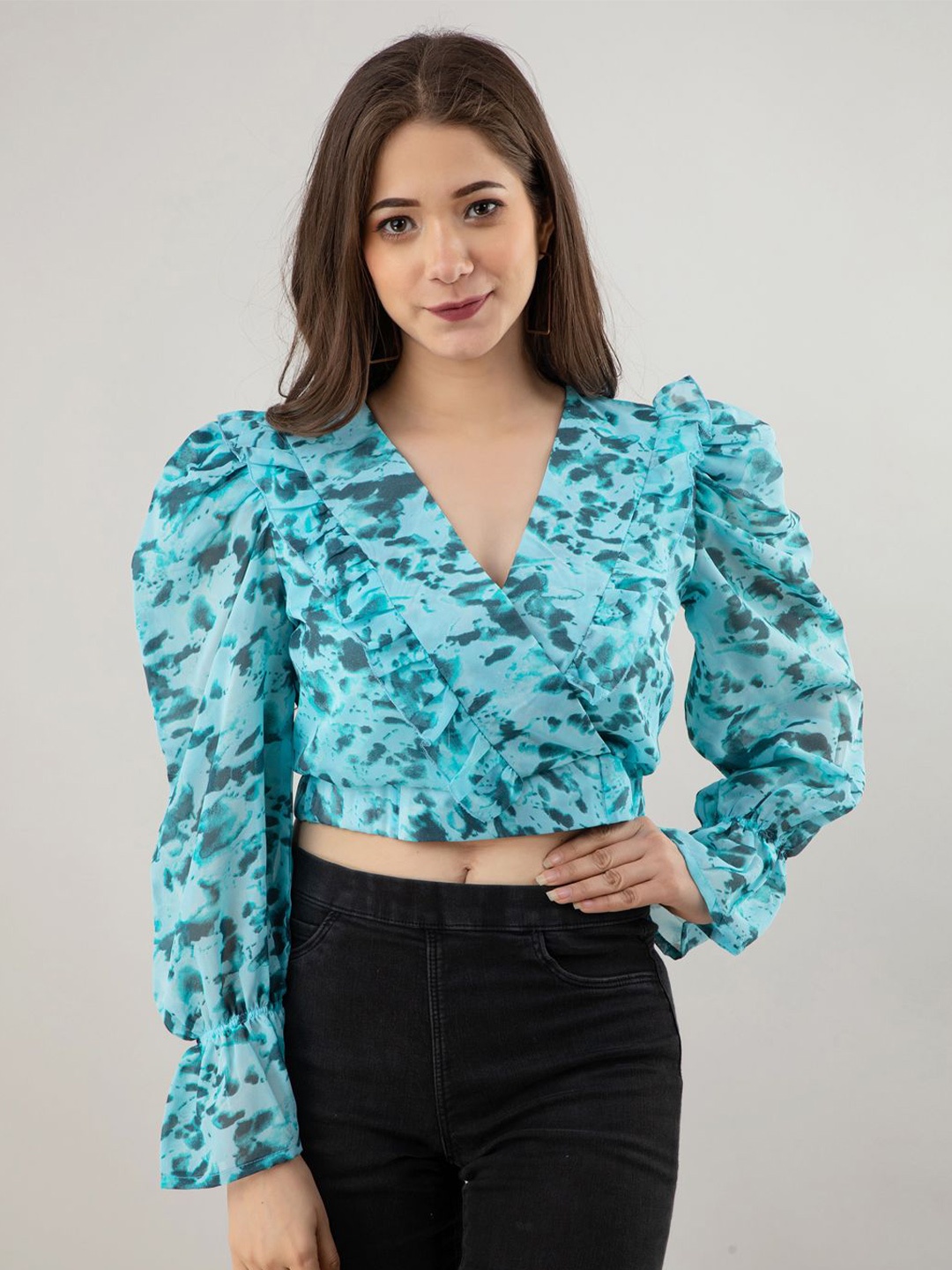 

all about you Tie and Dye Print Wrap Crop Top, Blue