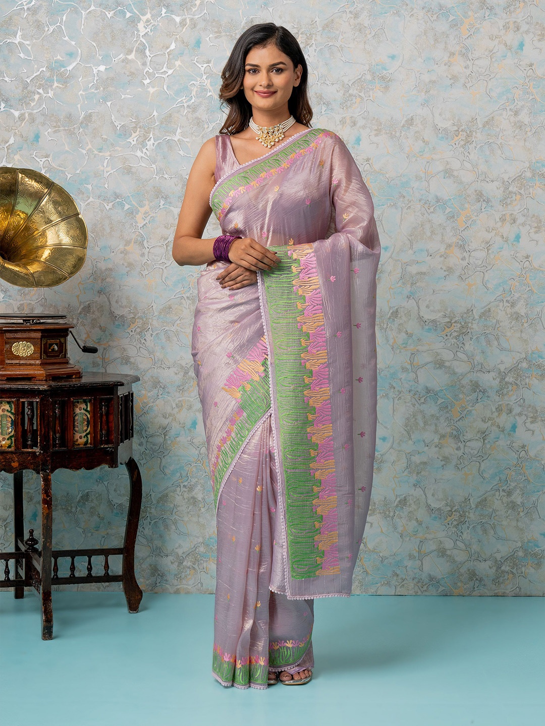 

MIMOSA Floral Patchwork Silk Blend Designer Banarasi Saree, Lavender