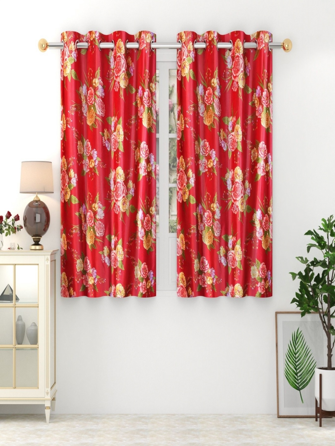 

Aura Maroon & Green Set of 2 Floral Room Darkening Window Curtain