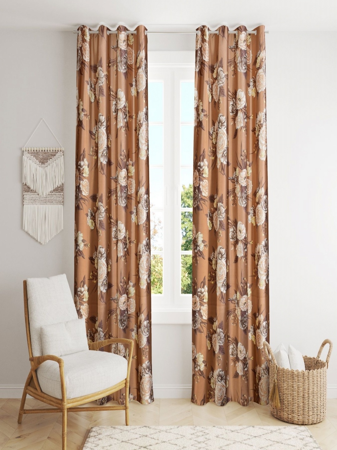 

Aura Brown & White Set of 2 Floral Room Darkening Window Curtain