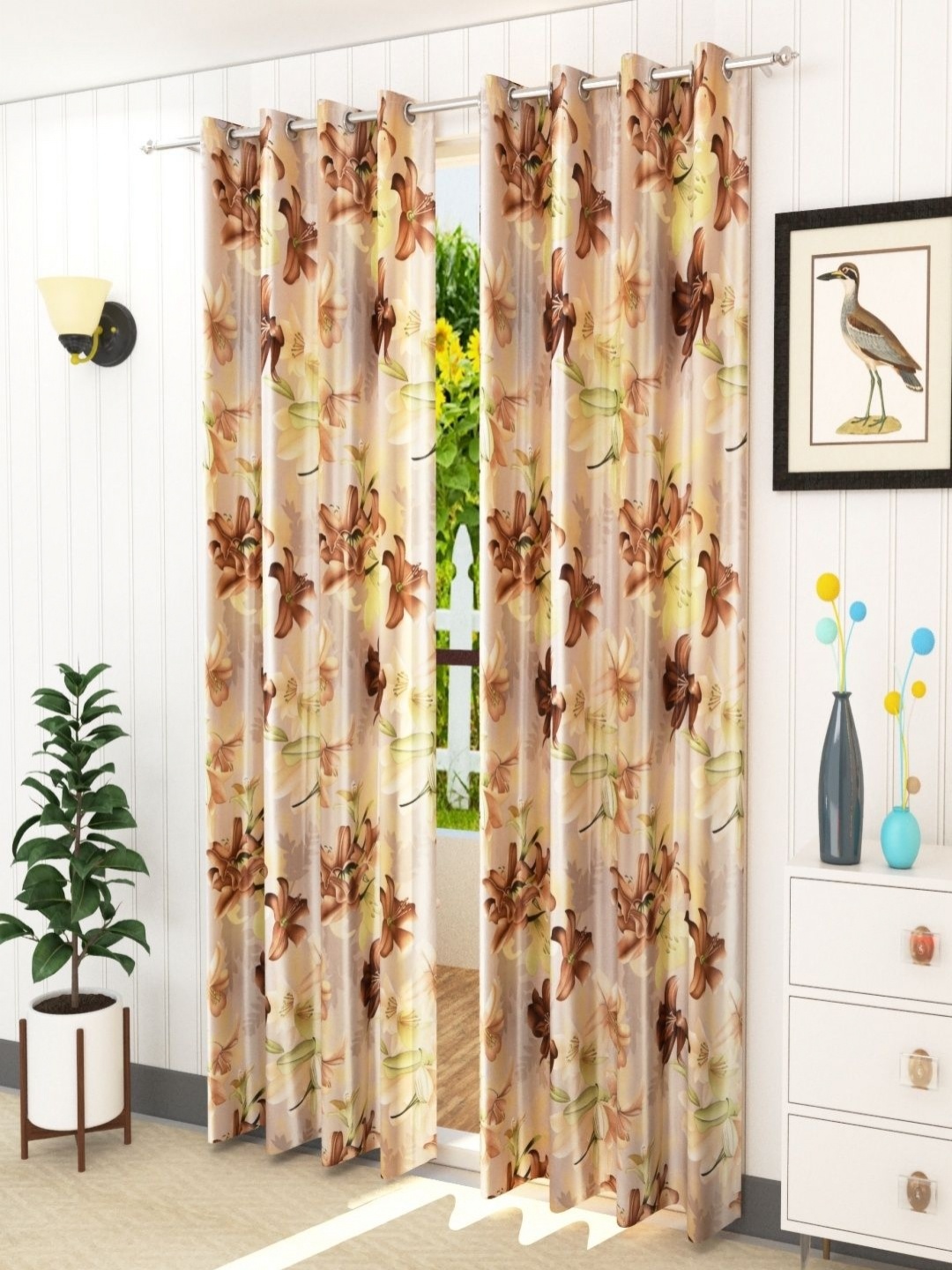 

Aura Brown & Green Set of 2 Floral Room Darkening Window Curtain