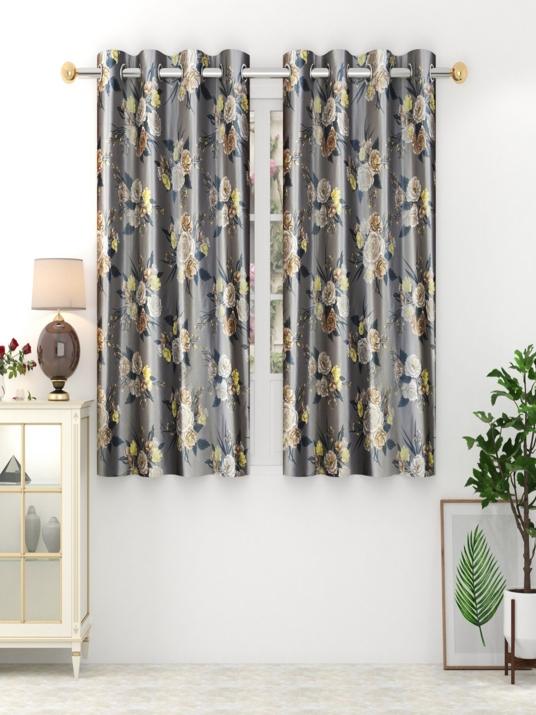 

Aura Grey & Yellow Set of 2 Floral Room Darkening Window Curtain