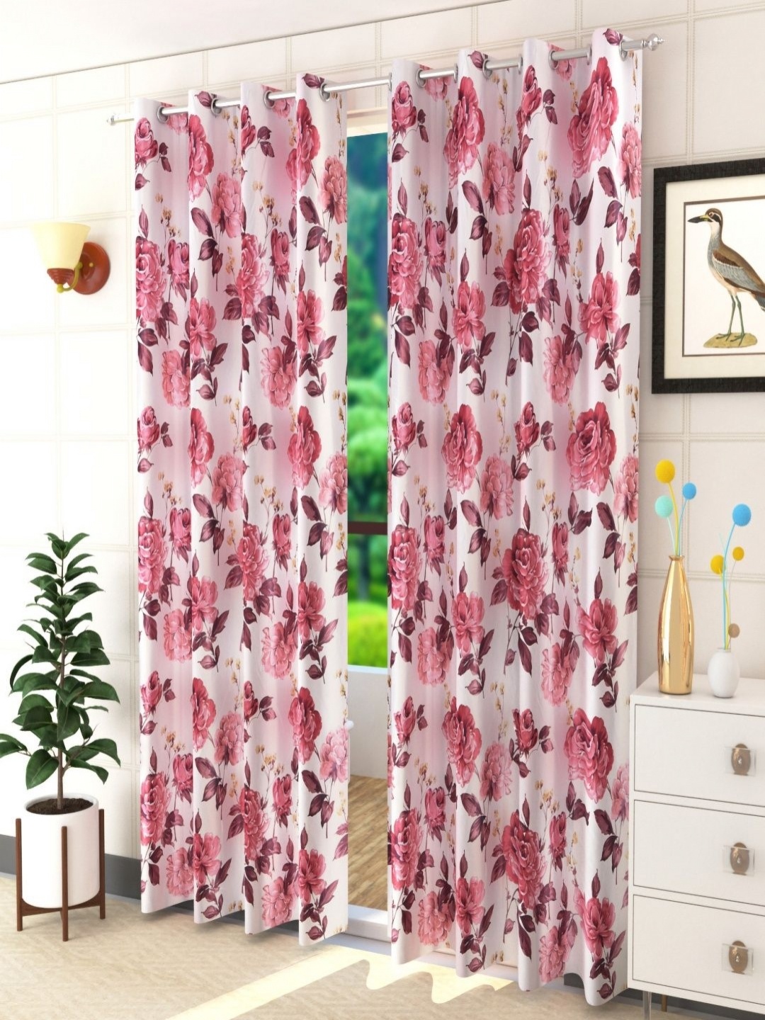 

Aura Maroon & Pink Set of 2 Floral Room Darkening Door Curtain