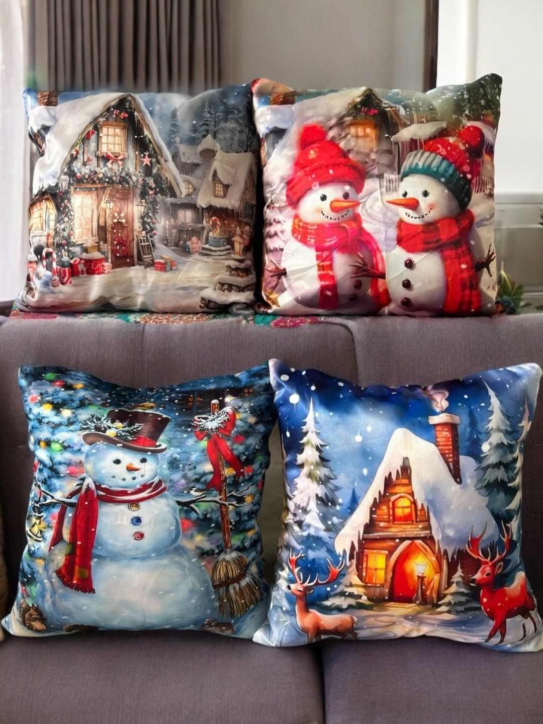 

PLAYFUL STITCHES Blue & Red Set of 4 Satin Square Cushion Covers