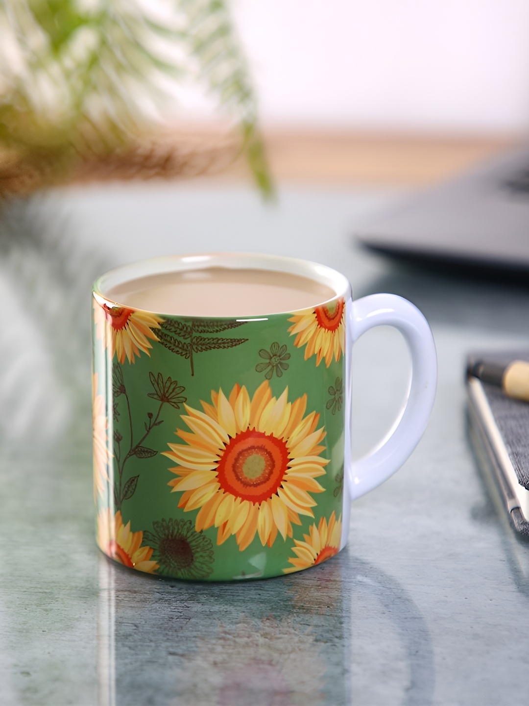 

PENTADECO Green & Yellow Floral Printed Ceramic Glossy Mugs Set of Cups and Mugs