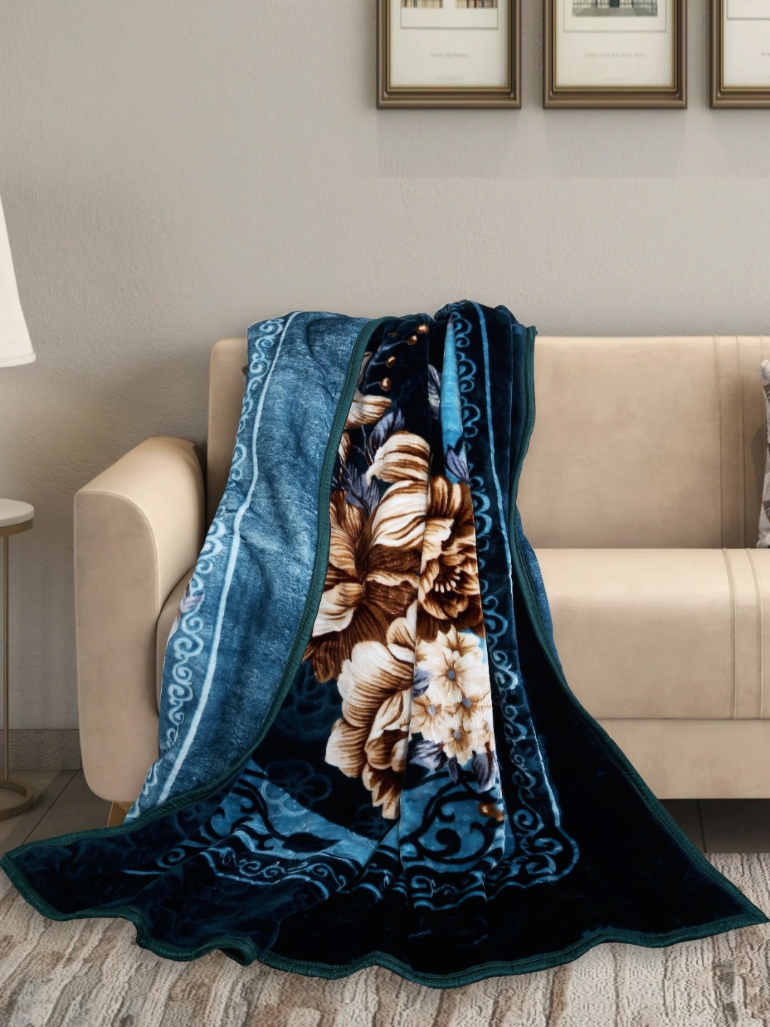 

MAGICAL Blue & Brown Floral Mink 500 GSM Double Bed Blanket