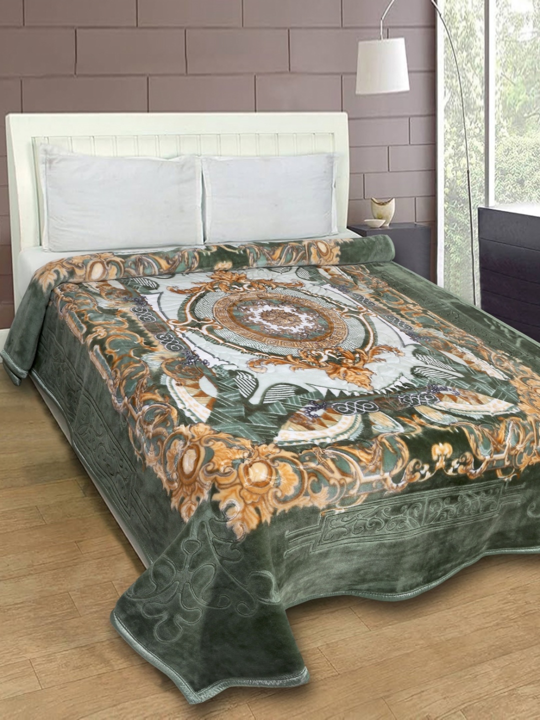 

MAGICAL Green & Brown Floral Mink 500 GSM Double Bed Blanket