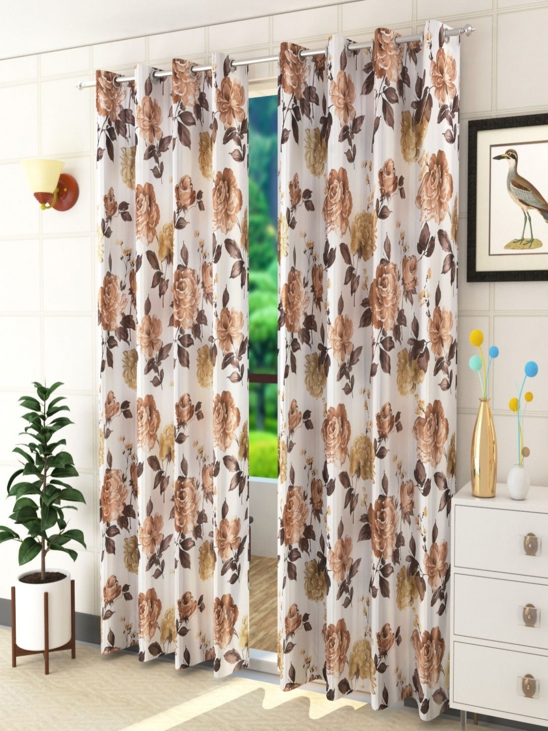 

Aura Brown & White Set of 2 Floral Room Darkening Door Curtain
