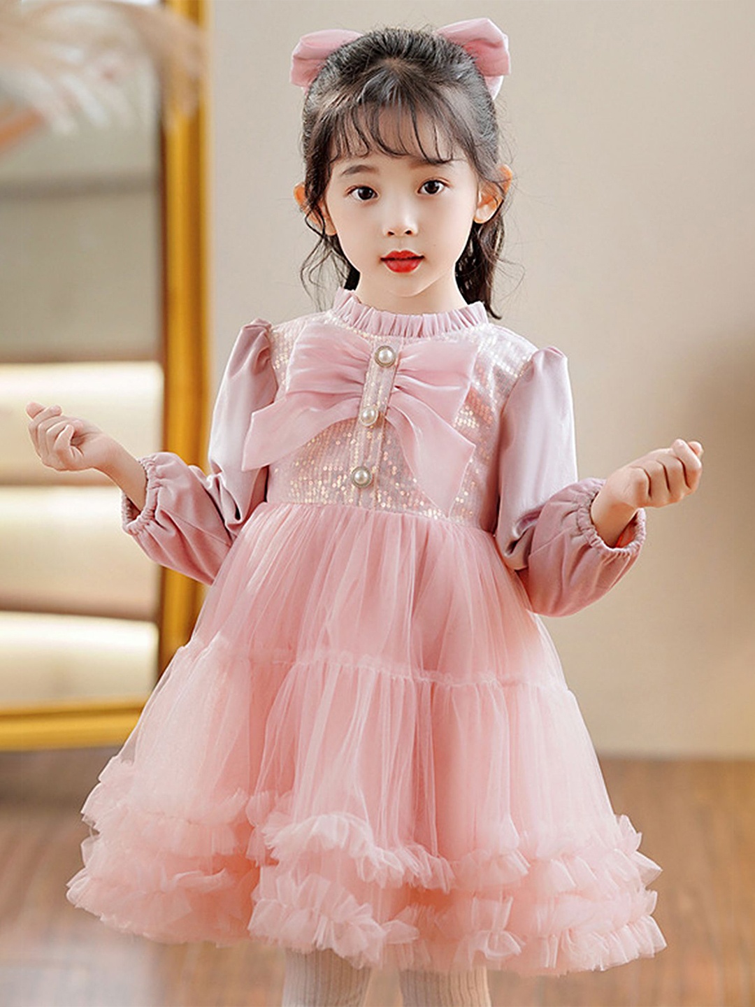 

LULU & SKY Tie-Up Neck Bell Sleeve Fit & Flare Dress, Pink