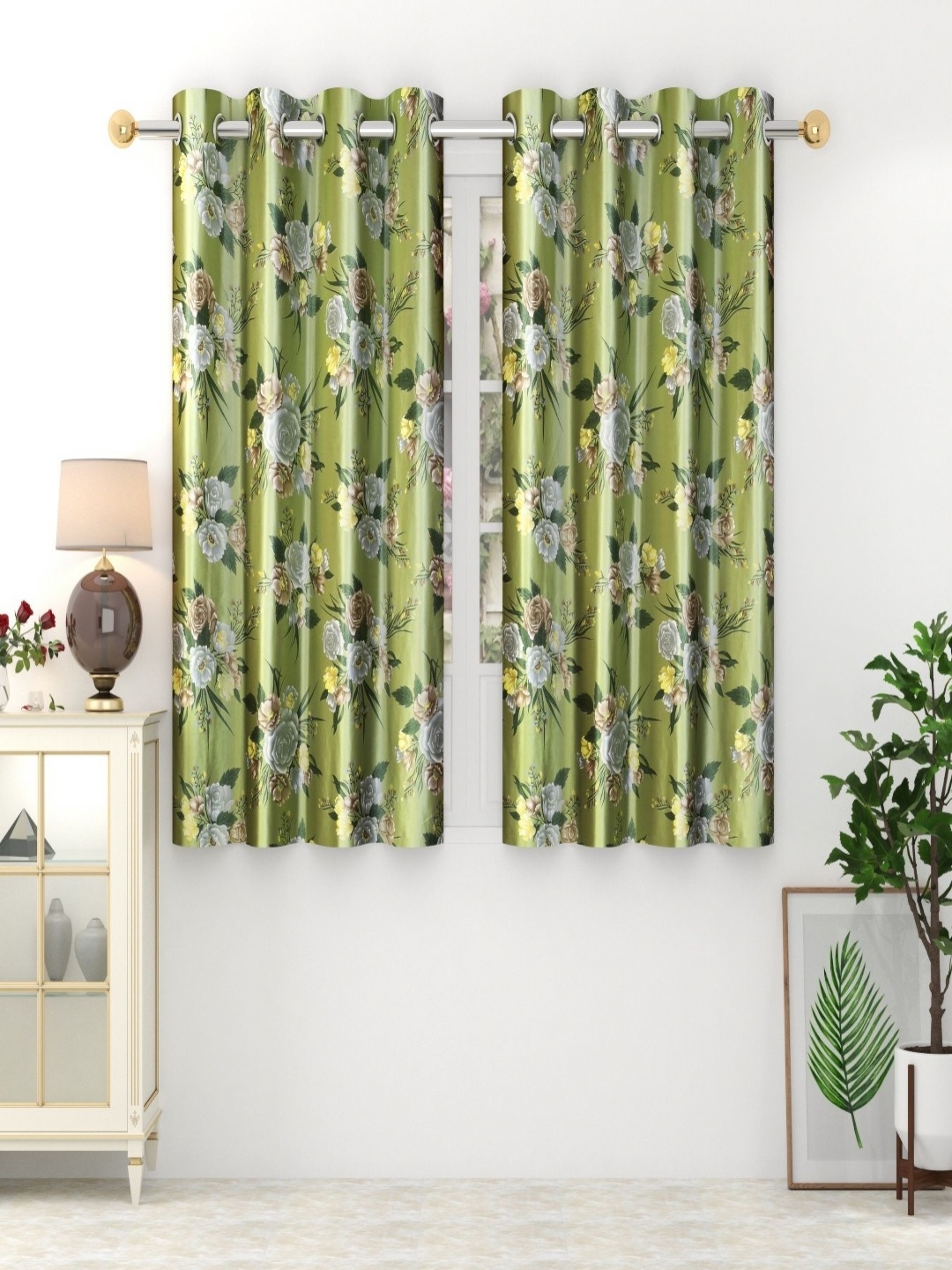 

Aura Green & Yellow Set of 2 Floral Room Darkening Window Curtain