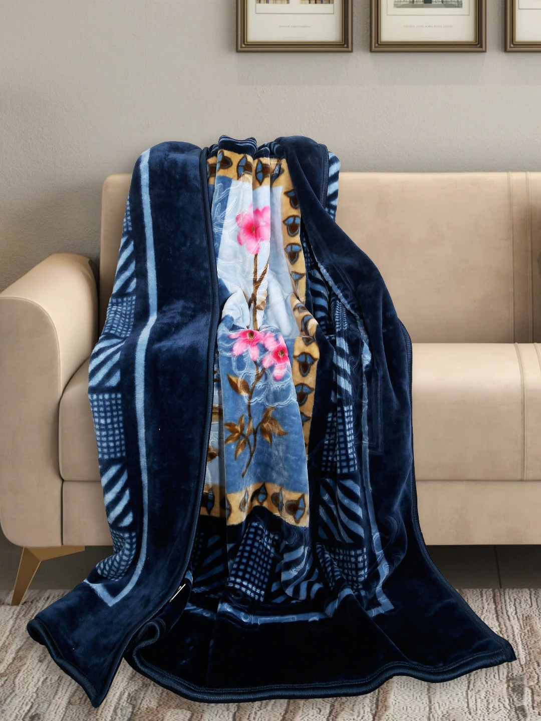 

MAGICAL Blue & Pink Floral Mink 500 GSM Double Bed Blanket