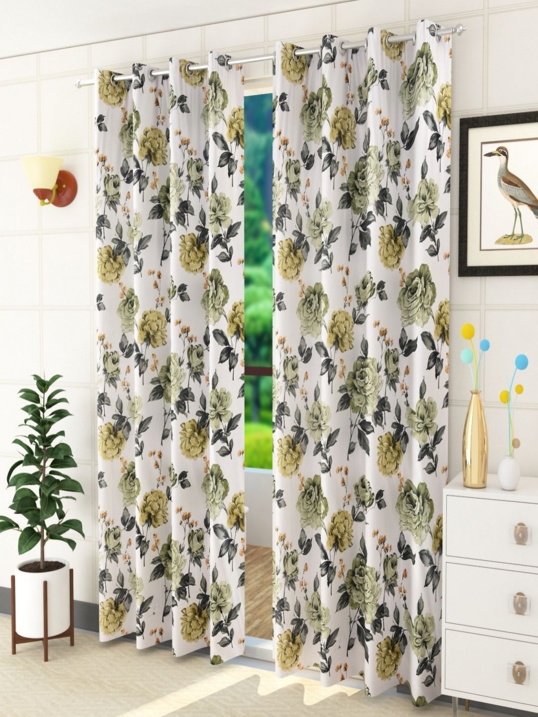

Aura Green & White Set of 2 Floral Room Darkening Long Door Curtain
