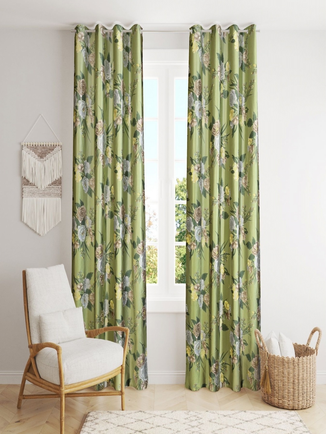 

Aura Green Set of 2 Floral Room Darkening Long Door Curtain