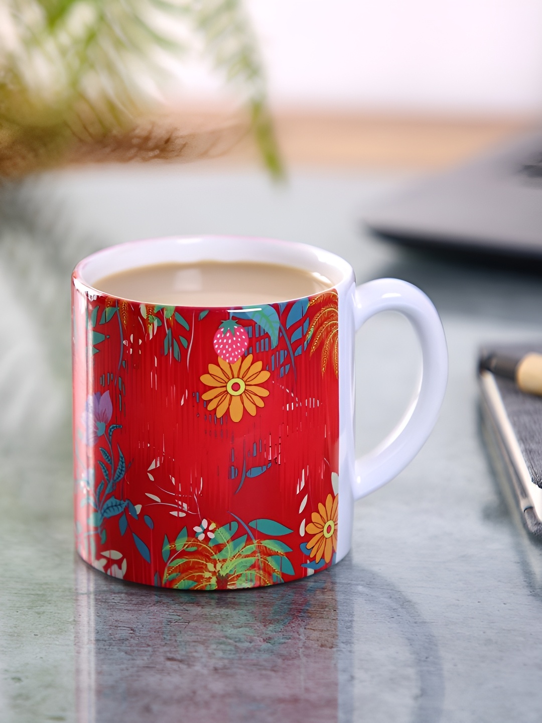 

PENTADECO White & Red Floral Printed Ceramic Glossy Mugs Set of Cups and Mugs