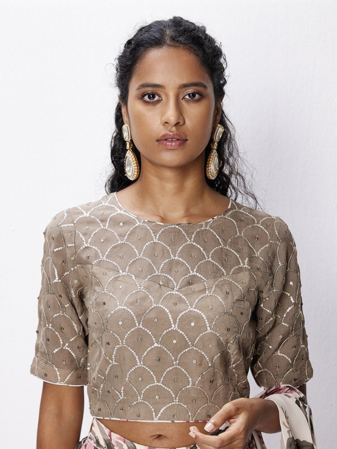 

Ancestry Embroidered Blouson Top, Grey