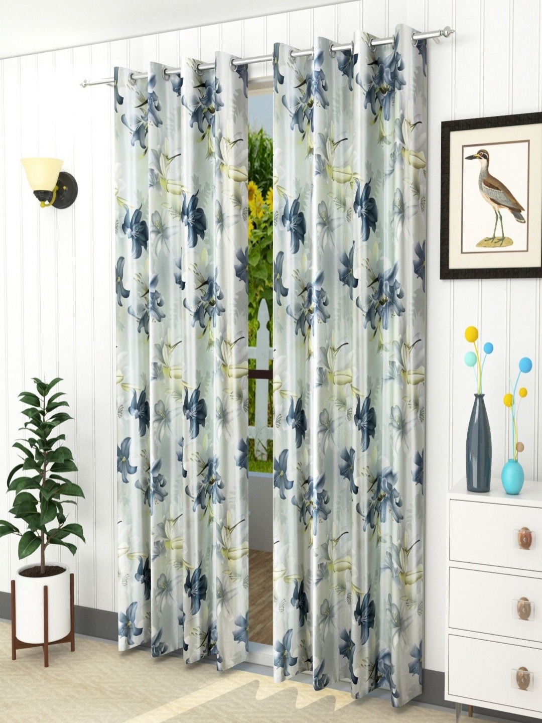 

Aura White & Grey Set of 2 Floral Room Darkening Door Curtain
