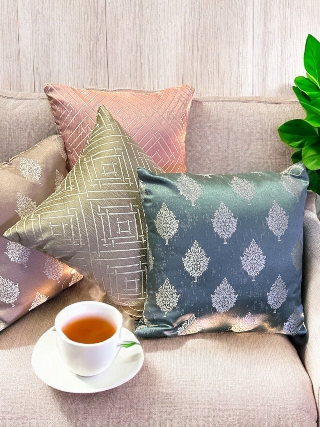 

PLAYFUL STITCHES Peach-Coloured & Blue Set of 4 Striped Square Cushion Covers