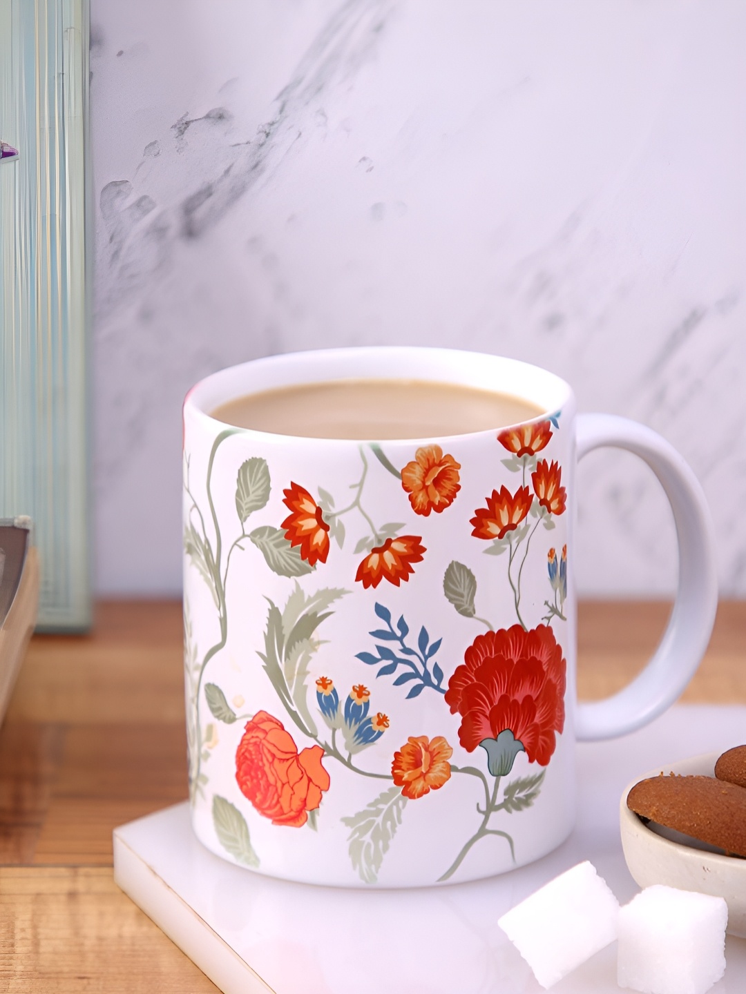 

PENTADECO White & Red Floral Printed Ceramic Glossy Mugs Set of Cups and Mugs