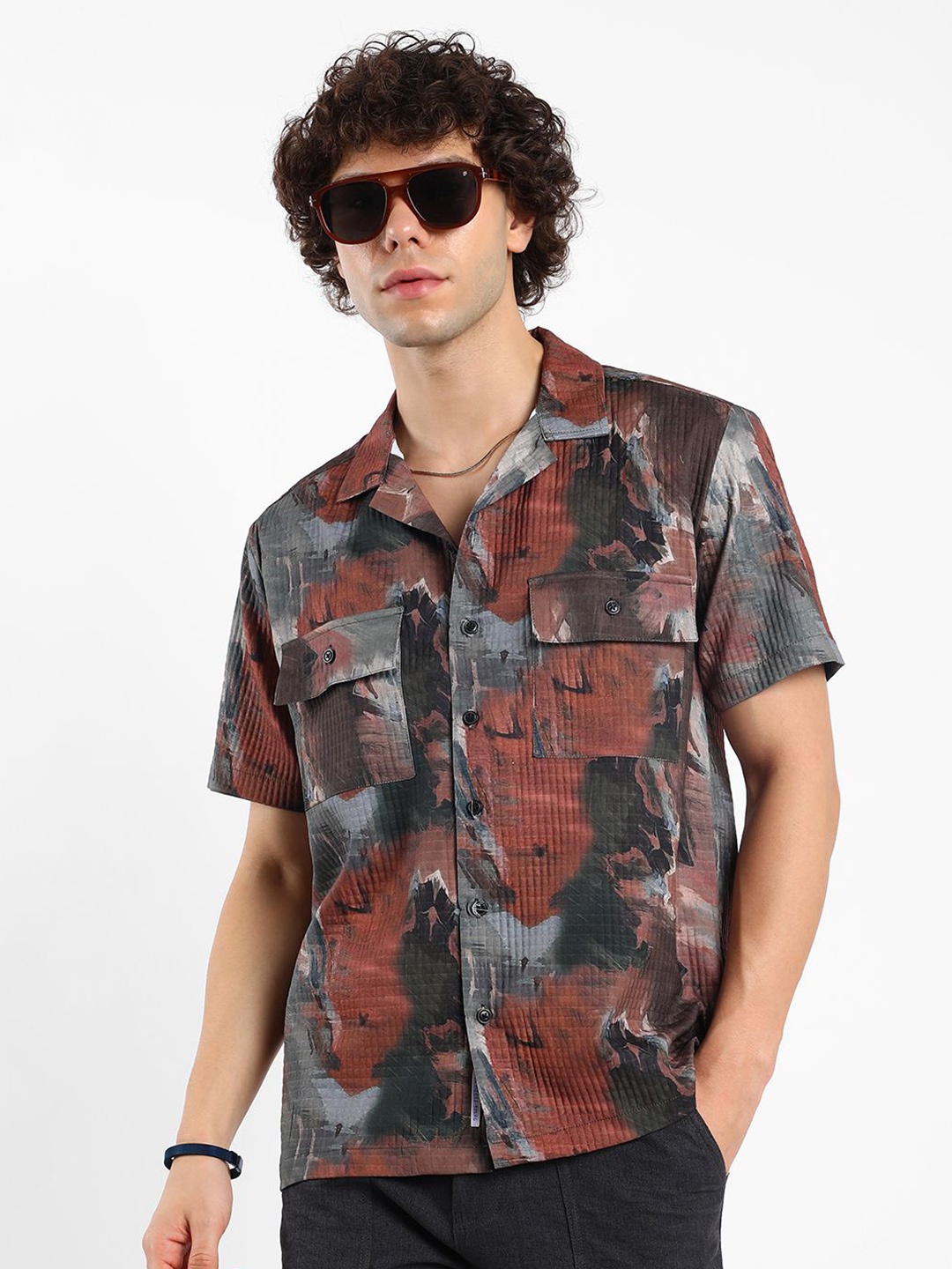 

Campus Sutra Men Comfort Fit Cuban Collar Abstract Printed Oversized Casual Shirt, Brown