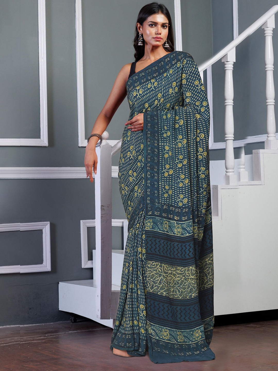 

Unnati Silks Pure Silk Handloom Block Print Saree, Blue