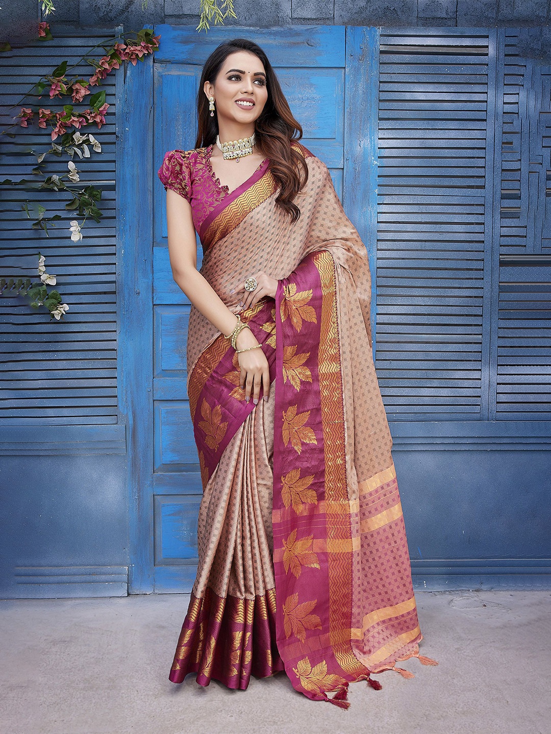 

Aldwych Woven Design Zari Silk Blend Chanderi Saree, Cream
